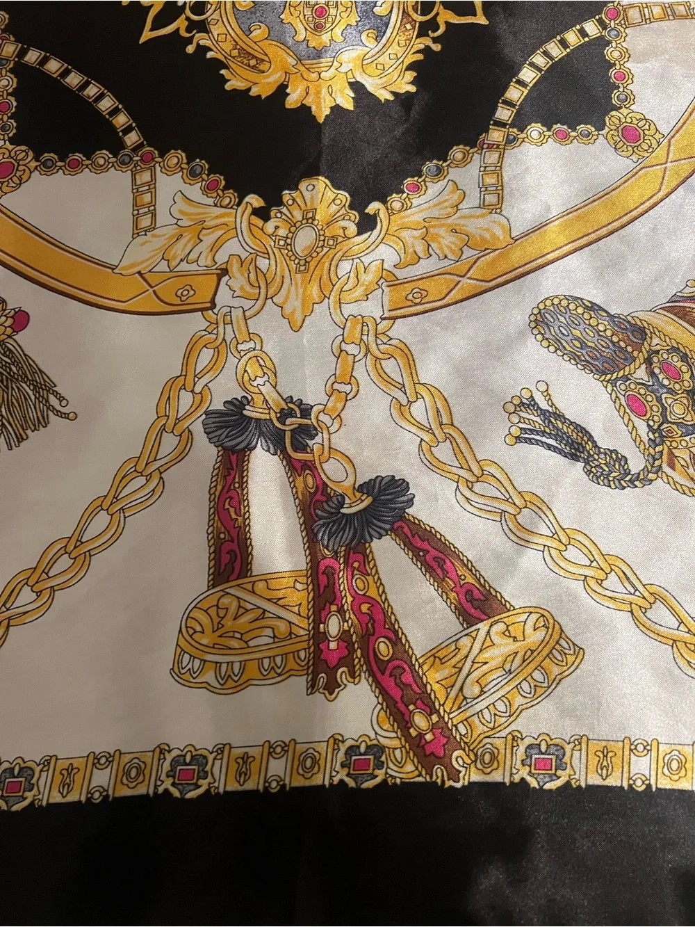 36” Scarf: Silk-Feel Baroque Print Scarf in Black, Gold & Cream
